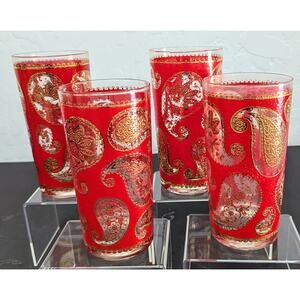 Vintage Culver Paisley 22K Gold & Red Highball Drinking Glasses (4) Barware MCM